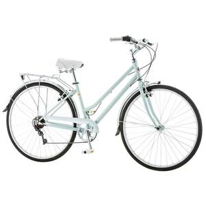 lot 73899 image: Schwinn Wayfarer Hybrid Bicycle, Retro-Styled 16-InchSmall Steel Step-Through Frame and 7-Speed Drivetrain with Front and Rear Fenders, Rear Rack, and 700C Wheels, Light Mint