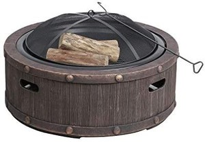 lot 73928 image: Sun Joe SJFP35-STN-RWD 35-in. Cast Stone Base, Wood Burning Fire Pit wDome Screen and Poker, Rivetted Wood
