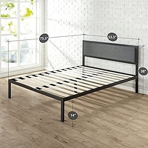 lot 73934 image: Zinus Platform Bed FULL SIZE Metal Frame W Upholstered Headboard Wood Slat Support