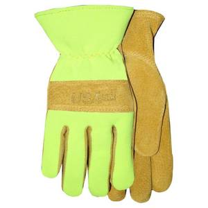 lot 6040 image: MIDWEST QUALITY GLOVES Sewn In USA Leather Glove with Hi-Vis Spandex Back, Adult Unisex, Gold