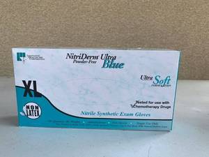 lot 5014 image: NitriDerm Ultra Blue Powder Free Nitrile Synthetic Exam Gloves XL 100 Package