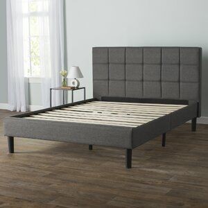 lot 6029 image: LUCID Upholstered Bed with Square Tufted Headboard -Linen Inspired Fabric ��Sturdy Wood Build ��No Box Spring Required Platform, Queen, Charcoal