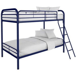 lot 6063 image: DHP Twin-Over-Twin Bunk Bed with Metal Frame and Ladder, Space-Saving Design, Navy Blue