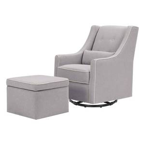 lot 8469 image: DaVinci Owen Upholstered Swivel Glider with Side Pocket and Storage Ottoman, Grey with Cream Piping
