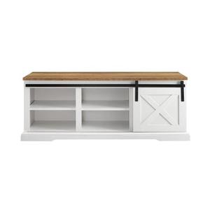 lot 8475 image: Walker Edison Farmhouse Sliding Barn Door Entryway Bench Shoe Storage Shelf Hallway Organizer, 48 Inch, White