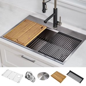 lot 9323 image: KRAUS KWT310-30 Kore Workstation 30-inch Drop-In or Undermount 16 Gauge Single Bowl Stainless Steel Kitchen Sink with Integrated Ledge and Accessories (Pack of 5)