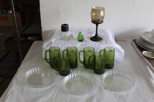 lot 9409 image: Green Mug Drinking Glasses, Clear Tart Dishes
