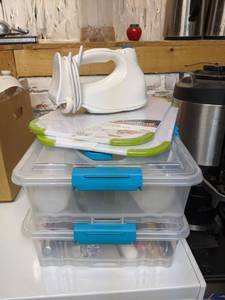 lot 7411 image: Cutting Boards, Hand Held Whisk Blender And Assorted Kitchen Utensils