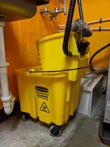 lot 7418 image: Mop Bucket, Mop And Two Wet Floor Signs