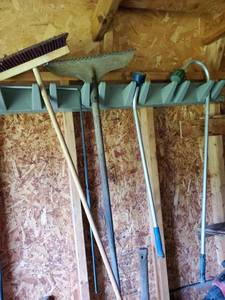lot 6 image: Lot of Push Broom, 2 Gardening Extension Hoses, and Metal Rake