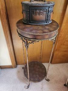 lot 3112 image: Metal Side Table with Wrought Iron Base and Small Vintage Case