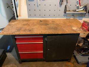 lot 3150 image: Three Drawer Metal Workbench With Wood Top Vise Not Included