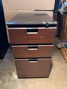 lot 3157 image: Small Three Drawer File Cabinet Black With Wood Front No Key