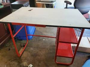 lot 3174 image: 1 Red Metal Framed Table with 2 Shelves