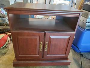 lot 3178 image: Wooden Cabinet with Lower shelf and Storage. Brass Handles. . and Wheels