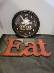 lot 5281 image: Coffee Clock and Red Accent Wall Decor (Eat)
