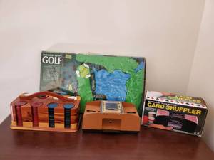 lot 5282 image: Lot of Thinking Man Golf Game and Poker Card Shuffelers with Wooden Chip Holder
