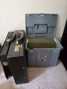 lot 5306 image: Lot of 2 Leather Briefcases and Mobile Hard Plastic Filing Cabinet