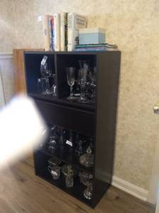 lot 8003 image: Dark Brown Laminated Shelving with Drawer Items Pictured Not Included