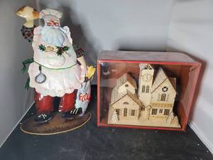 lot 8052 image: Tin Chef Santa and Hallmark Farmhouse Mantle Light