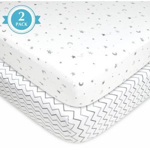 lot 7638 image: American Baby Company 2 Pack Printed 100% Cotton Jersey Knit Fitted Crib Sheet for Standard Crib and Toddler Mattresses, Grey Stars and Zig Zag, for Boys and Girls