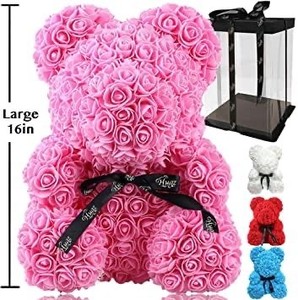 lot 3652 image: Bierstick Fully Assembled 16 Inch Pink Rose Artificial Flower Hugz Teddy Bear