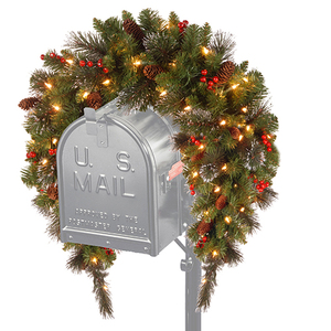 lot 3712 image: National Tree 3 Crestwood Spruce Mailbox Cover with Silver Bristle, Cones, Red Berries, Glitter and Battery Operated LEDs