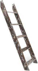 lot 3776 image: Chiaravita 4.5 Foot Wall Leaning Blanket Ladder Rustic Torched Wood Vintage Barnwood Decorative Blanket Rack
