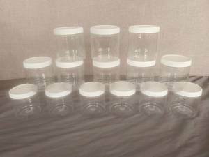 lot 1644 image: Pack of 12-8 Ounce Empty Plastic Cosmetic Jars 8 oz Round Clear Slime containers with White Lids and labels - BPA Free - For Kitchen Storage Use, Slime, Beauty Products, Cosmetic, Lotion and more