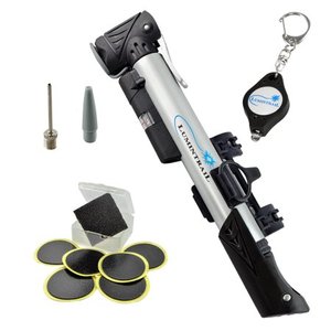 lot 1702 image: Lumintrail Telescoping Mini Bike Pump with Built-in Gauge plus BONUS Glueless Puncture Repair Kit and FREE Keychain Light - Presta & Schrader Compatible Frame Mount 120 PSI