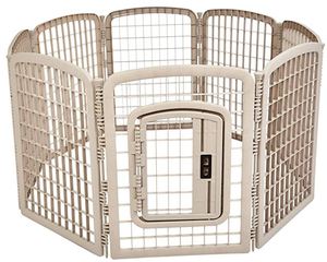 lot 1513 image: AmazonBasics 8-Panel Plastic Pet Pen Fence Enclosure With Gate - 64 x 64 x 34 Inches, Beige