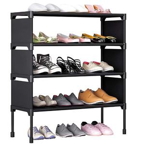 lot 1687 image: FKUO Shoes Shelf Easy Assembled Non-Woven 4 Tier Shoe Rack Shelf Storage Organizer Stand Holder Keep Room Neat Door Space Saving (Pink, 57.5 x 26 x 64cm)