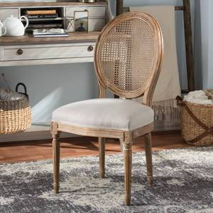 lot 1923 image: Adelia French Vintage Cottage Weathered Oak Wood Finish and Fabric Upholstered Dining Side Chair with Round Cane Back - Beige - Baxton Studio