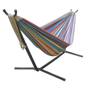 lot 4448 image: Brazilian Double Hammock with Stand, Blue, Sand, Purple, Red Stripes