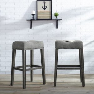 lot 5852 image: Roundhill CoCo Upholstered Backless Saddle Seat Bar Stools 29 height Set of 2, Gray