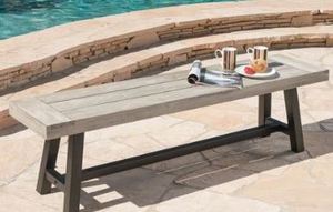 lot 1433 image: Carlisle Outdoor Rustic Acacia Wood Bench (only) by Christopher Knight Home - Sandblast Light Grey  Black Rustic Metal