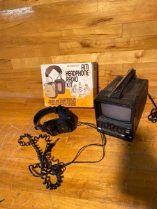 lot 2056 image: Lot of electronica items vintage TMKACDC battery television, Archer Kit a.m. headphone radio kit, audatron stereo headphones