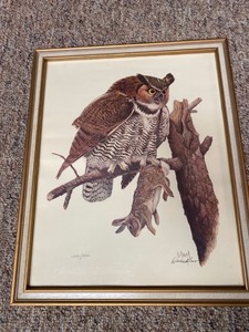 lot 2067 image: Signed and numbered Duane Raver print of owl catching a rabbit.