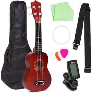 lot 7386 image: Best Choice Products Basswood Ukulele Beginner Kit w Carrier, Clip-On Tuner, Polishing Cloth, Extra String (Brown)