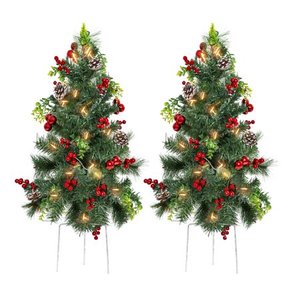 lot 7393 image: Best Choice Products Set of 2 24.5in Pre-Lit Pathway Christmas Trees Decor w LED Lights, Berries, Pine Cones, Ornaments