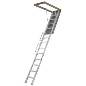 lot 1572 image: Louisville Ladder 22.5-Inch by 63-Inch Aluminum Attic Ladder, Fits 10 to 12 Ceiling Height, 350-Pound Capacity, AL228P