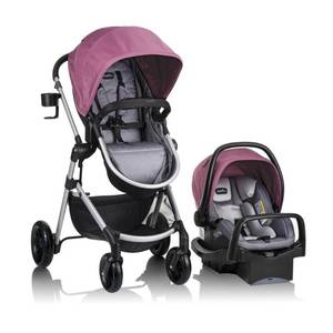 lot 1627 image: Evenflo Pivot Modular Travel System with SafeMax Infant Car Seat - Dusty Rose