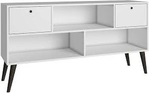 lot 6590 image: Manhattan Comfort Uppsala Series Retro Style Tabletop TV Stand with a 3 Open Shelf Design and 2 Drawers, OakAqua Finish