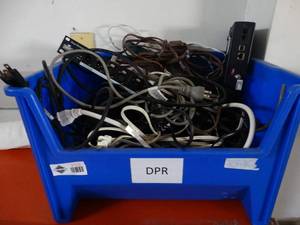 lot 3123 image: Lot of assorted wires cords & storage box