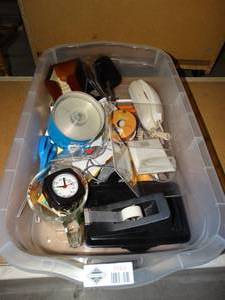 lot 3069 image: Storage tote w assorted office supplies