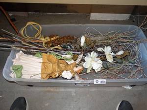 lot 3049 image: Storage tote w faux flowers