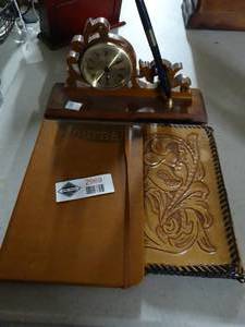 lot 2969 image: Clock w pen holder & leather check book cover
