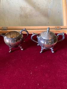 lot 6273 image: Antique Silver on Copper Cream and Sugar Set