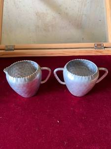 lot 6276 image: Vintage Hammered Aluminum Cream and Sugar Set
