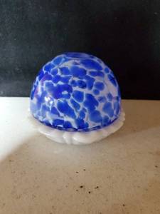 lot 6297 image: T Light or sScent Holder. milk Glass and Blue Art Glass